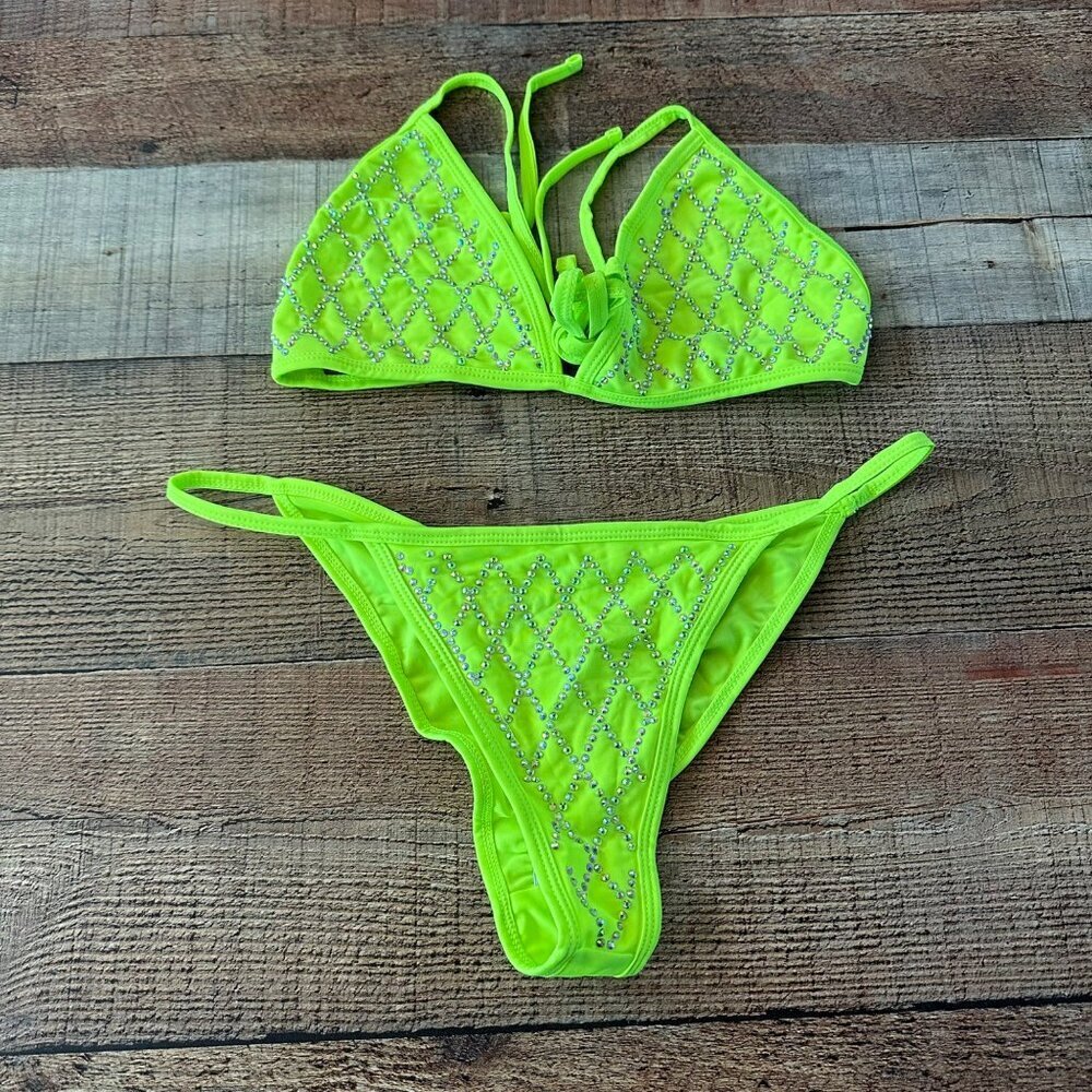 Leg Avenue women’s studded rhinestones neon cheeky tie bikini -L